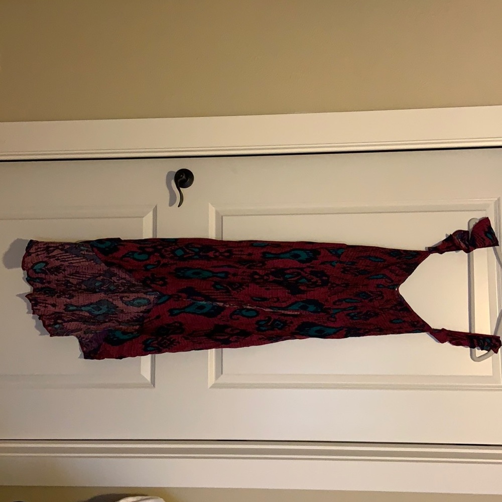 High-low wrap dress with off-the-shoulder sleeve